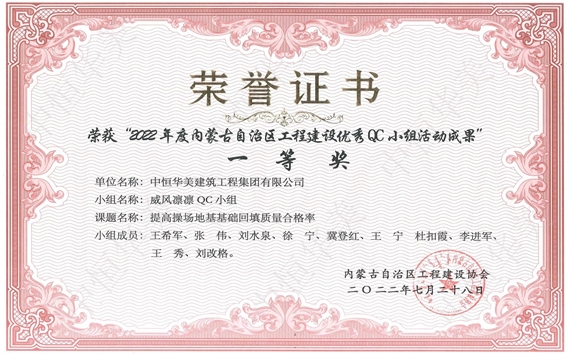 2022年7月榮獲內蒙古自治區(qū)工程建設優(yōu)秀QC小組活動成果